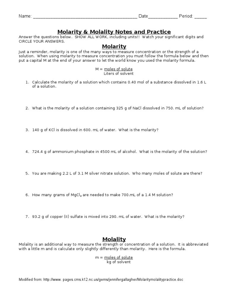 Molarity Practice Worksheet Answer Molarity and Molality Practice Problems
