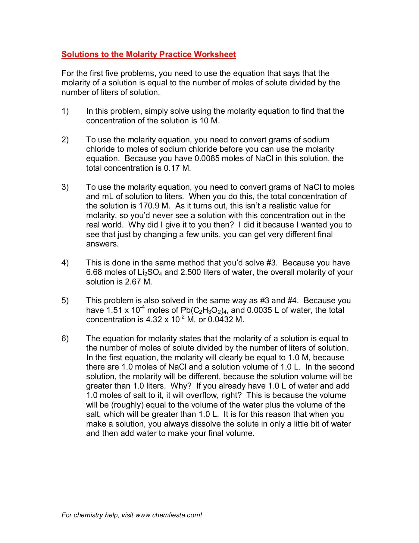Molarity Practice Worksheet Answer Molarity Practice Worksheet Harrison High School Pages 1