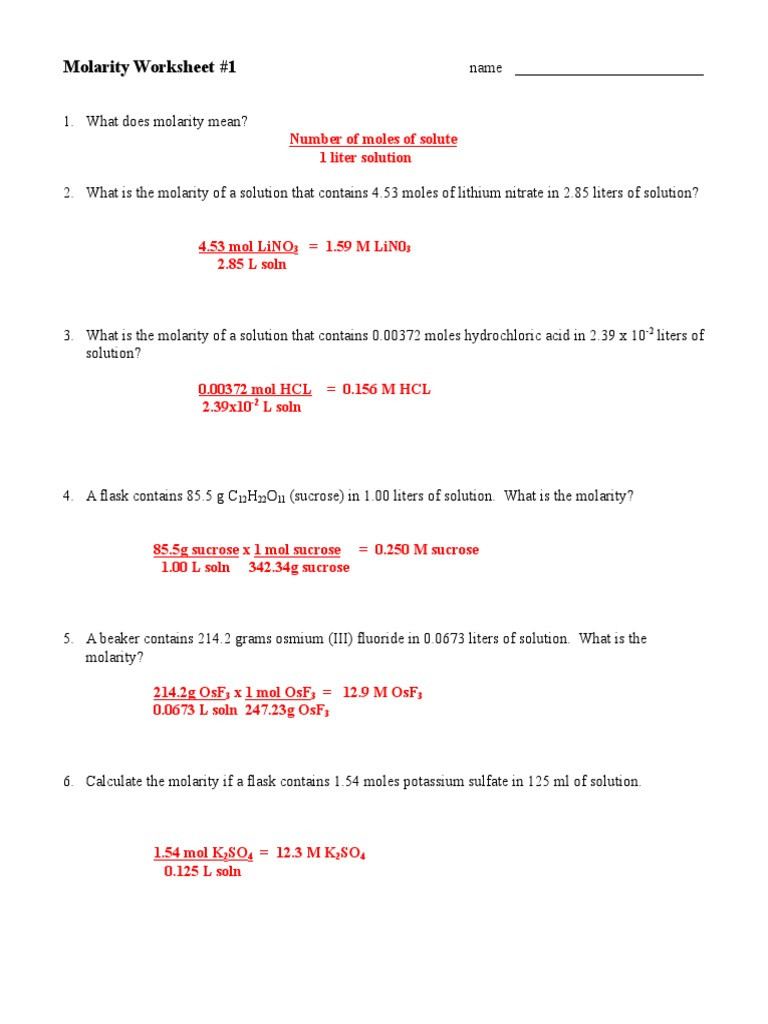 Molarity Practice Worksheet Answer Molarity Worksheet 1 Ans Key Molar Concentration