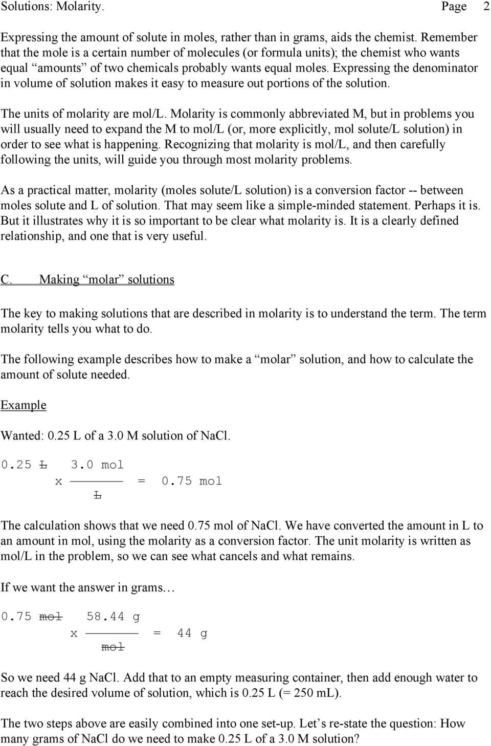 Molarity Practice Worksheet Answer solutions Molarity A Introduction Pdf Free Download