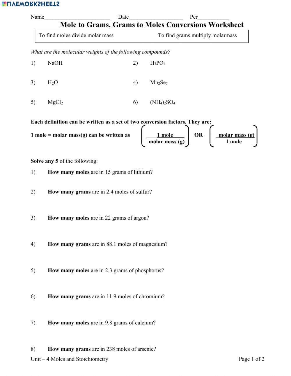 Mole Worksheet 1 Chemistry Mole Calculation Worksheet Interactive Worksheet