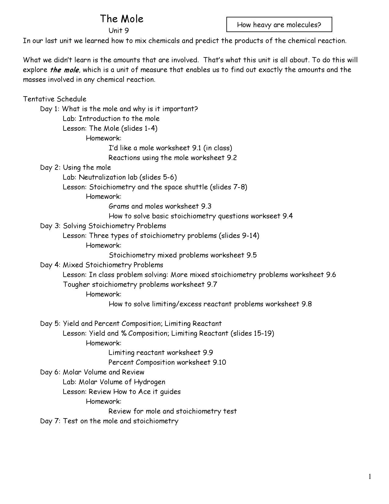 Mole Worksheet 1 I Chapter 9 the Mole and Stoich Packet by