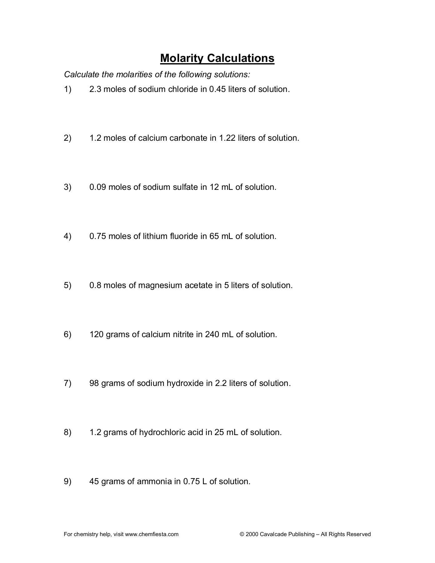 Mole Worksheet 1 Molarity Practice Worksheet Harrison High School Pages 1