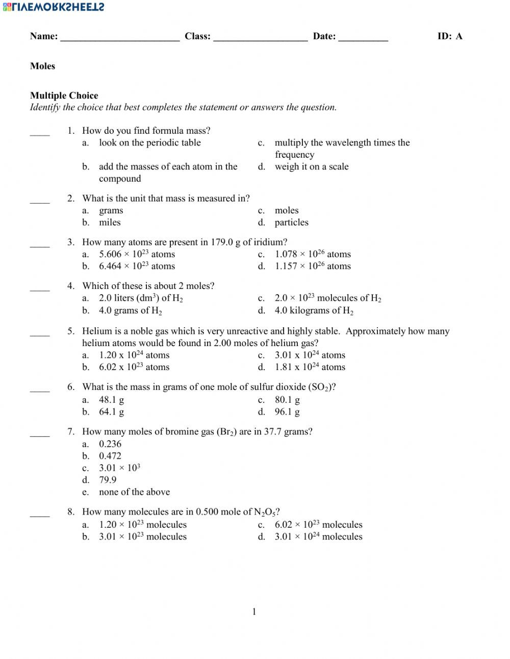 Mole Worksheet 1 Moles Test Interactive Worksheet