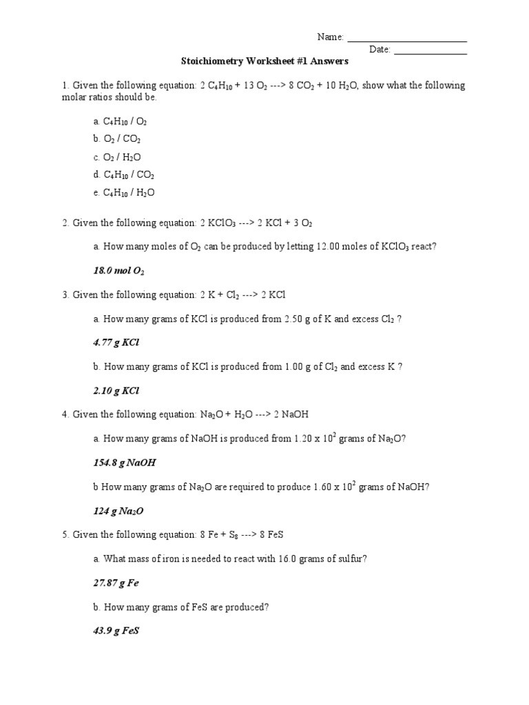 Mole Worksheet 1 Stoichiometry Worksheet Answers Mole Unit