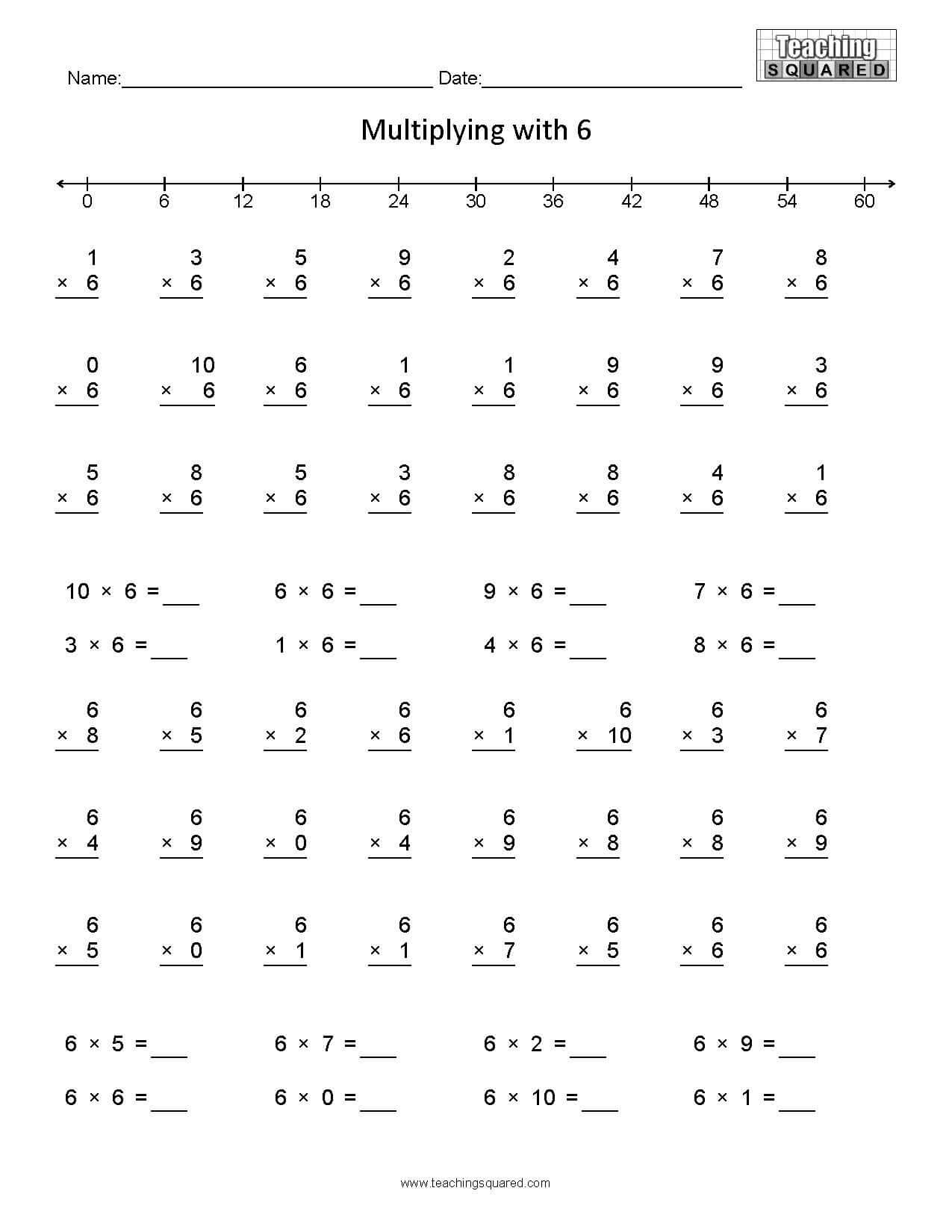 Multiplying by 6 Worksheet Learning Multiplication Multiplying by 6 Teaching Squared