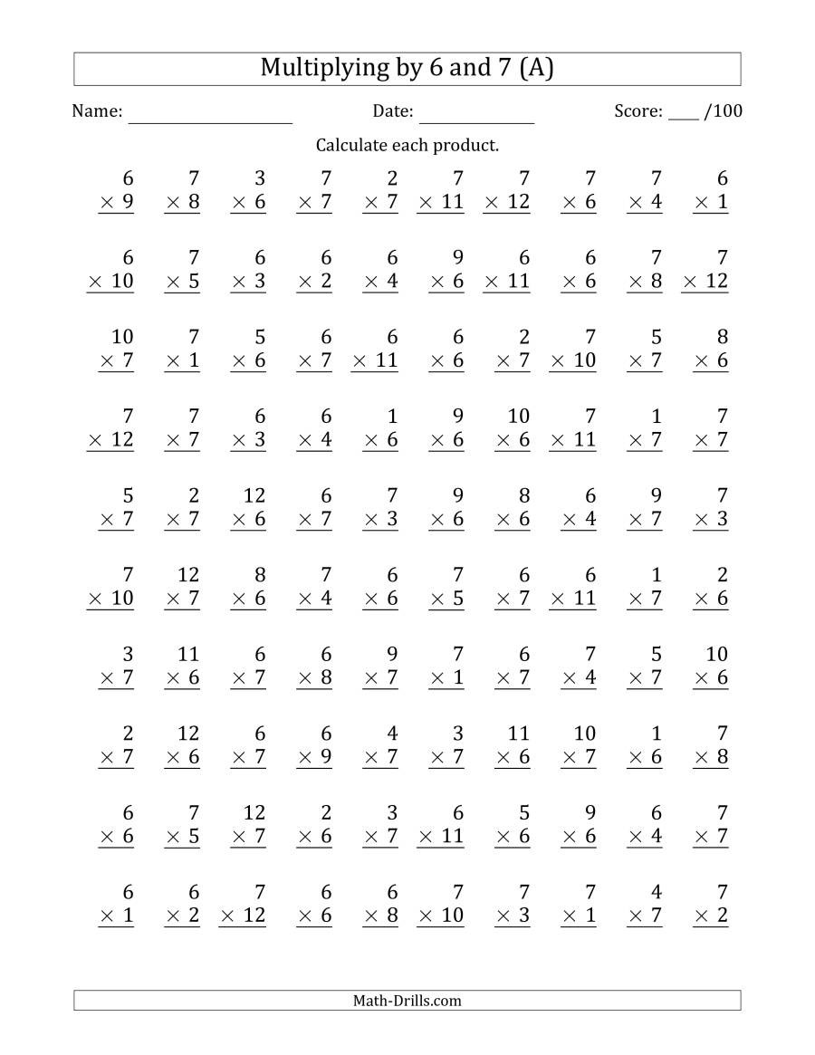 Multiplying by 6 Worksheet Multiplying by 6 and 7 with Factors 1 to 12 100 Questions A