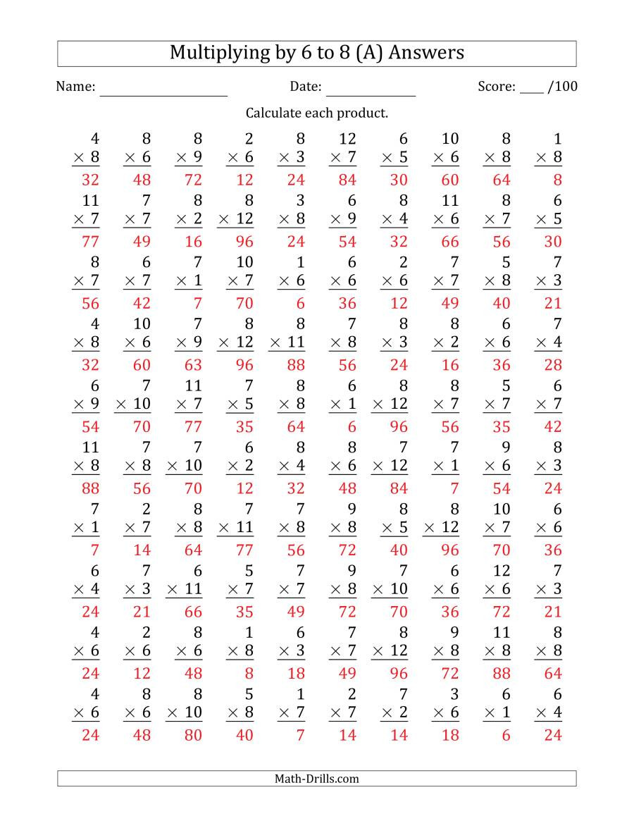 Multiplying by 6 Worksheet Multiplying by 6 to 8 with Factors 1 to 12 100 Questions A