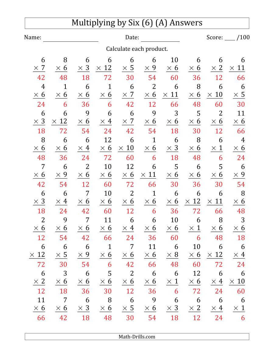 Multiplying by 6 Worksheet Multiplying by Six 6 with Factors 1 to 12 100 Questions A