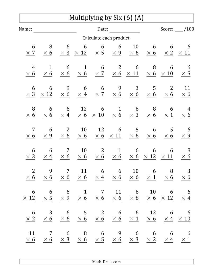 Multiplying by 6 Worksheet Multiplying by Six 6 with Factors 1 to 12 100 Questions A