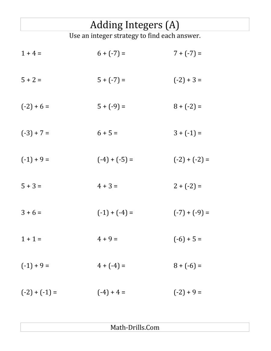 Multiplying Negative Numbers Worksheet Adding Integers From 9 to 9 Negative Numbers In