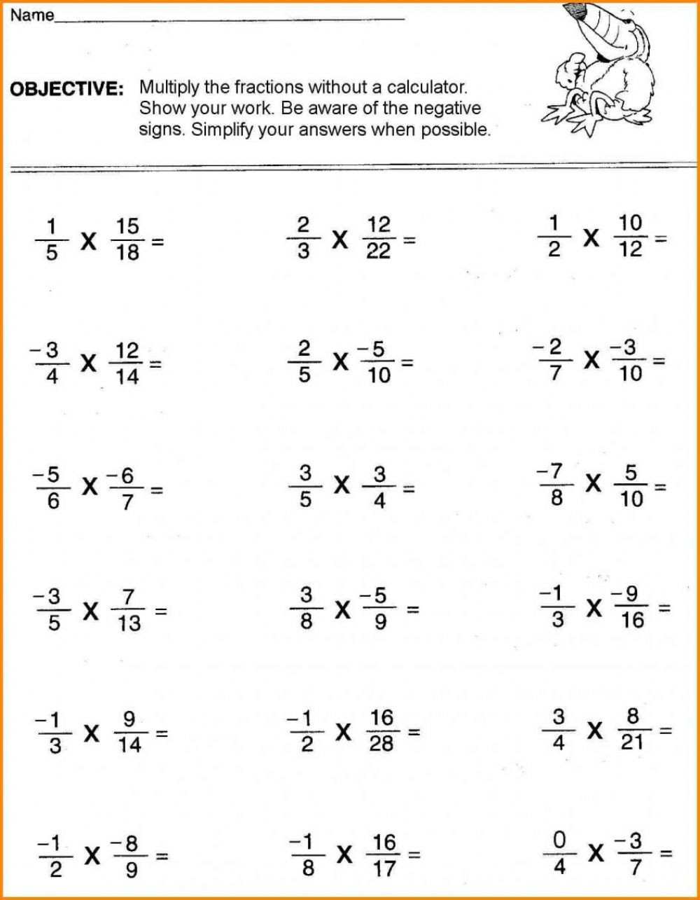 Multiplying Negative Numbers Worksheet Fractions 6th Grade Interactive Worksheet