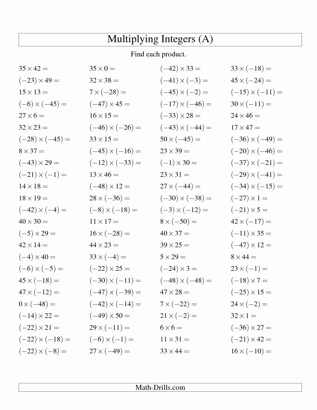 Multiplying Negative Numbers Worksheet Multiplying and Dividing Negative Numbers Worksheet