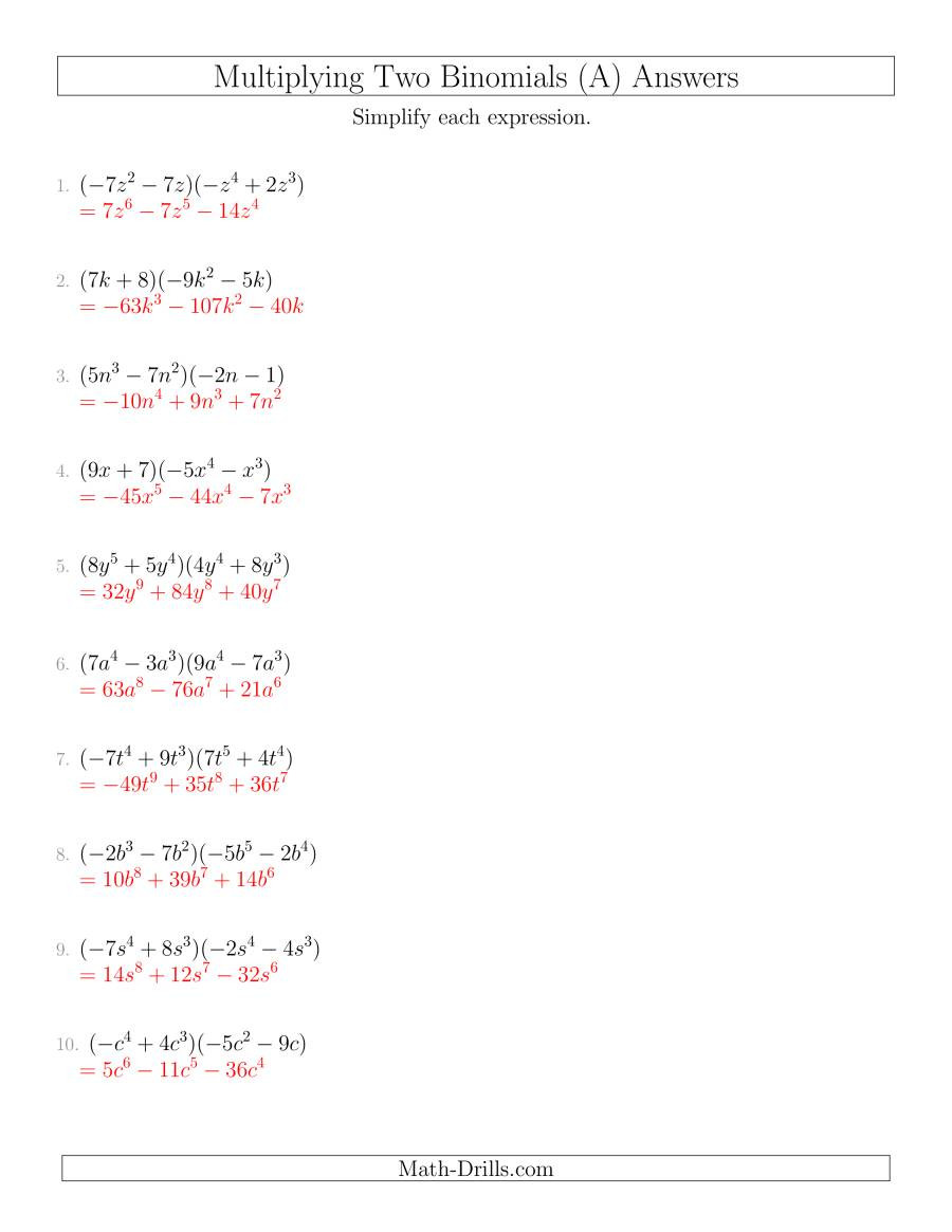 Multiplying Polynomials Worksheet Answers Multiplying Two Binomials A
