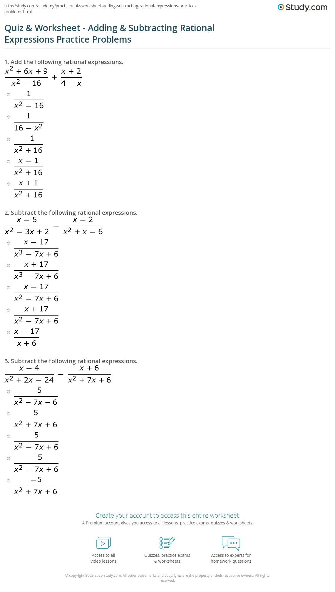Multiplying Rational Expression Worksheet Quiz &amp; Worksheet Adding &amp; Subtracting Rational Expressions