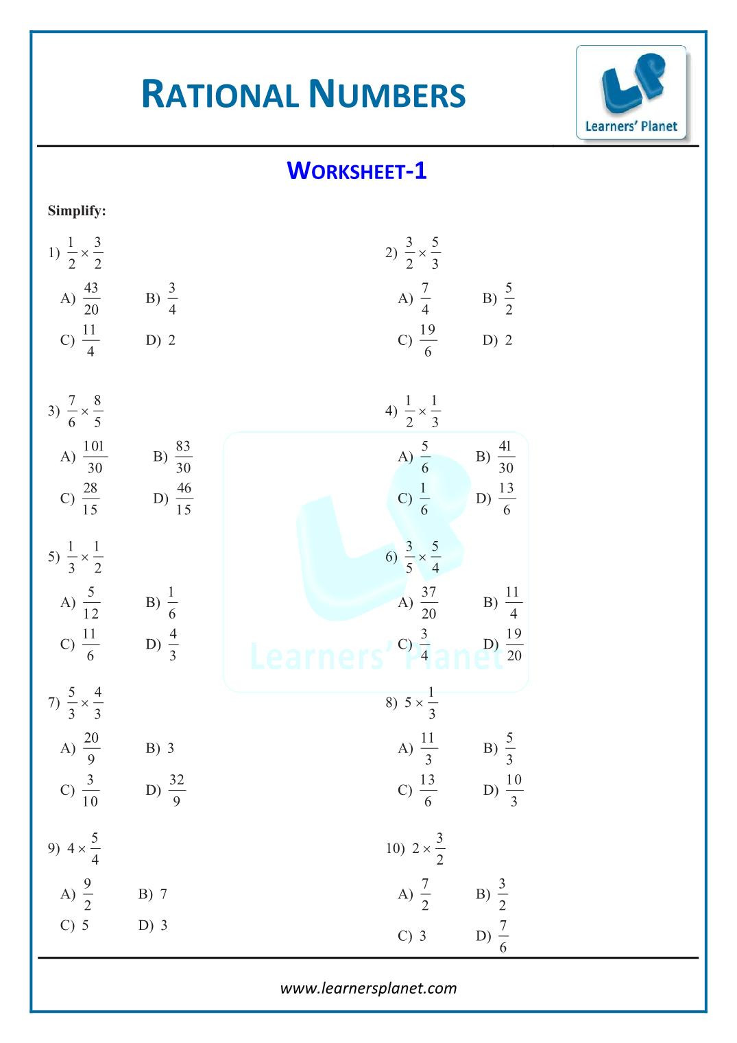 Multiplying Rational Numbers Worksheet Printable Maths Rational Number Worksheets Grade Math