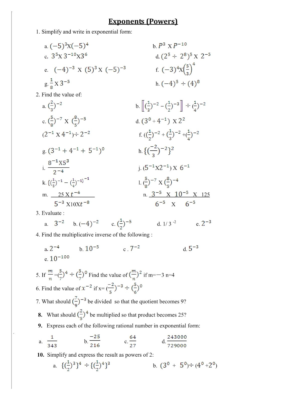 Negative Exponents Worksheet Pdf Worksheet Exponents and Powers