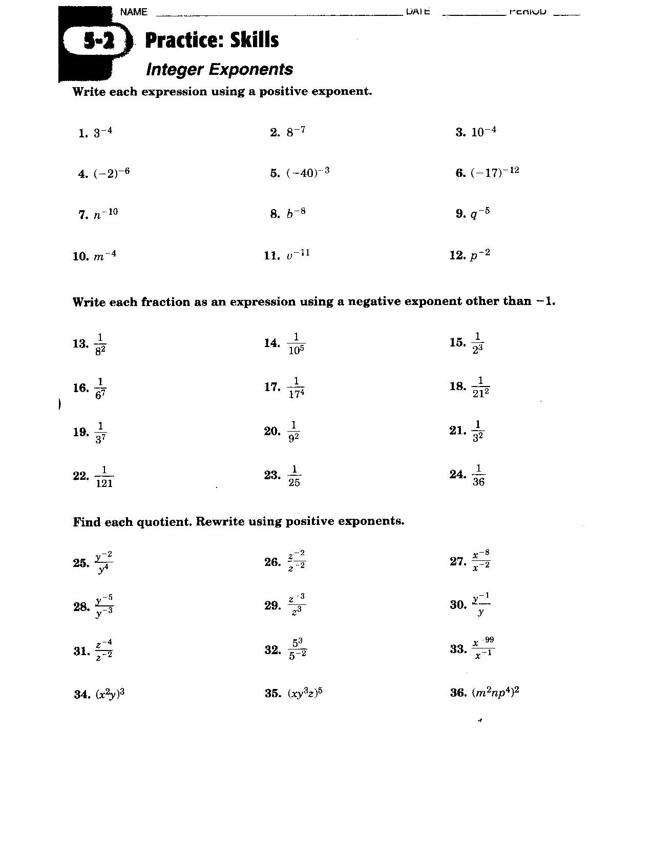 Negative Exponents Worksheet Pdf Worksheet Exponents and Powers