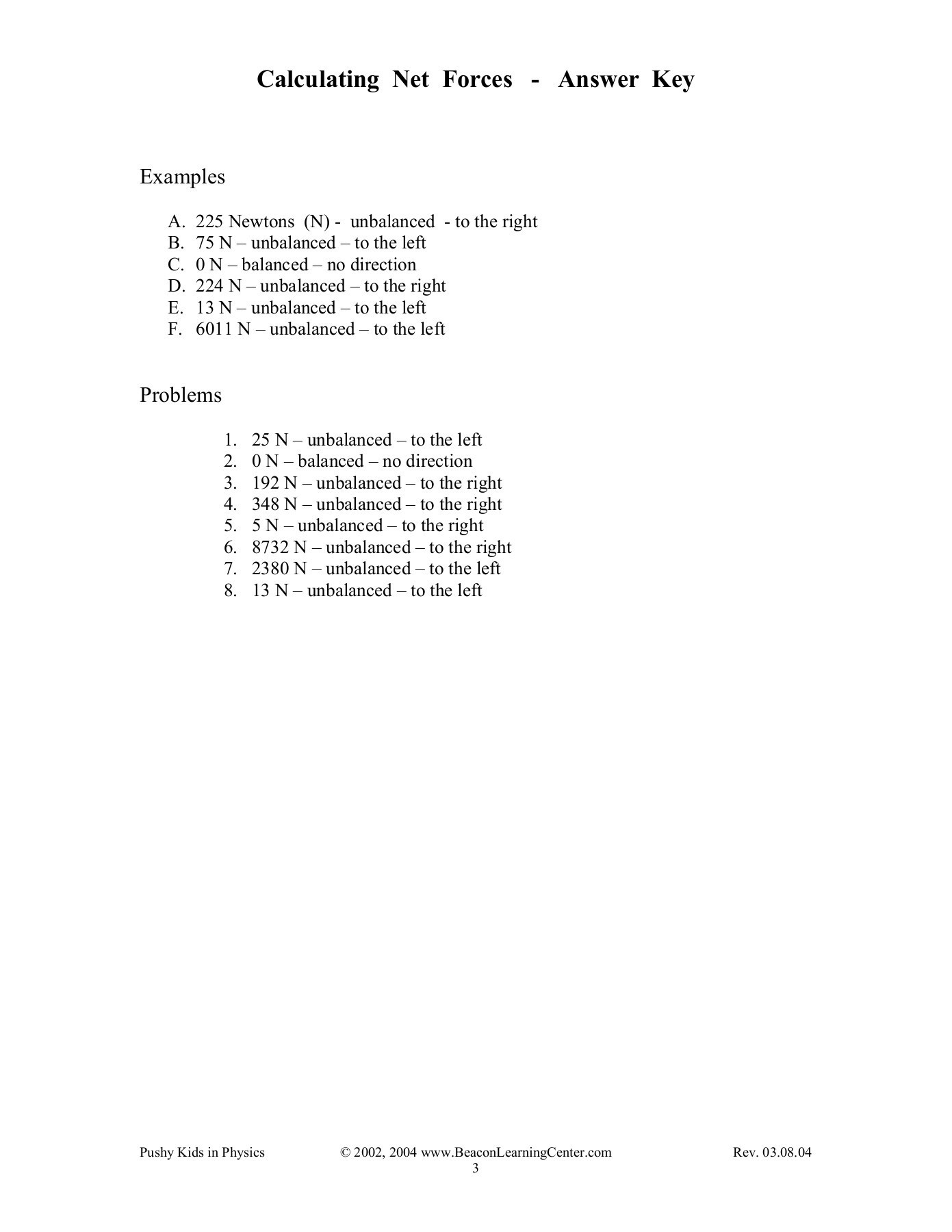 Net force Worksheet Answers Calculating Net forces Examples Pages 1 3 Text Version