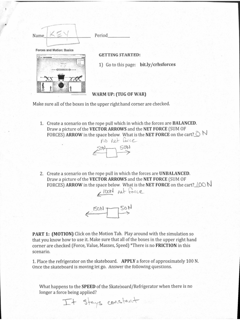 Net force Worksheet Answers forces and Motion Phet Key