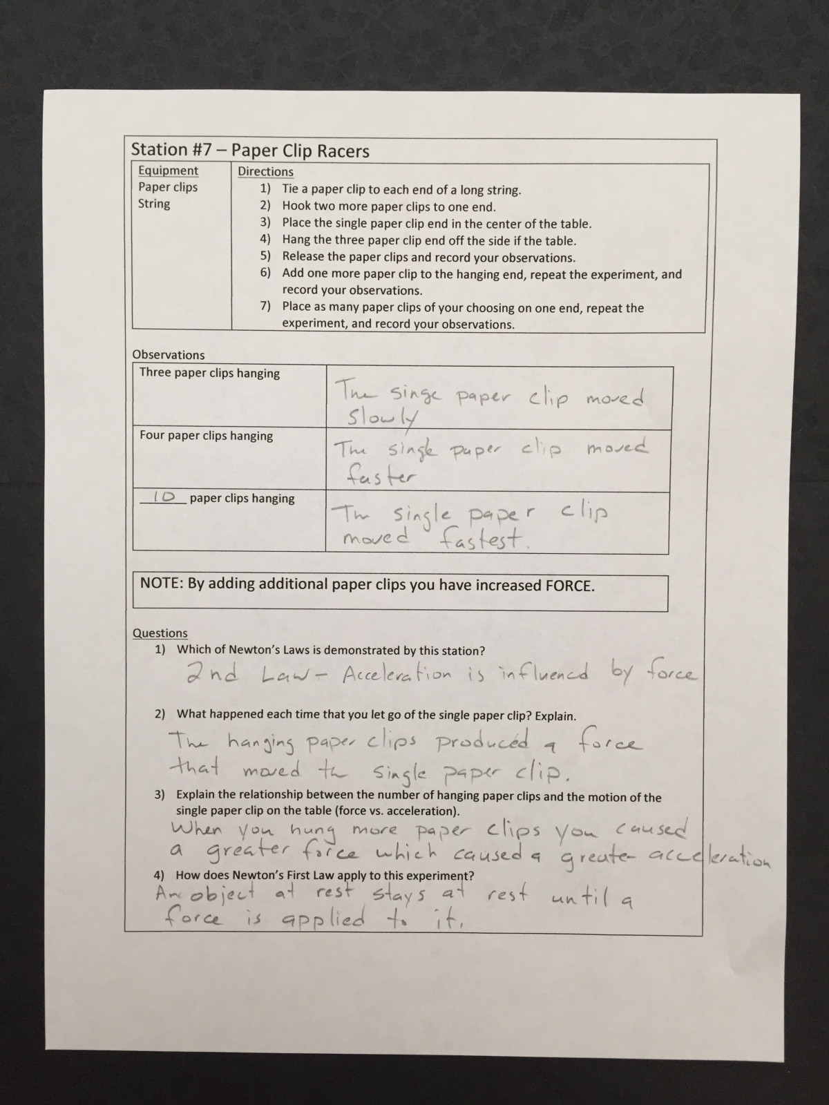 Newton Laws Worksheet Answers Eighth Grade Lesson Newton S 2nd Law Paper Clip Racers
