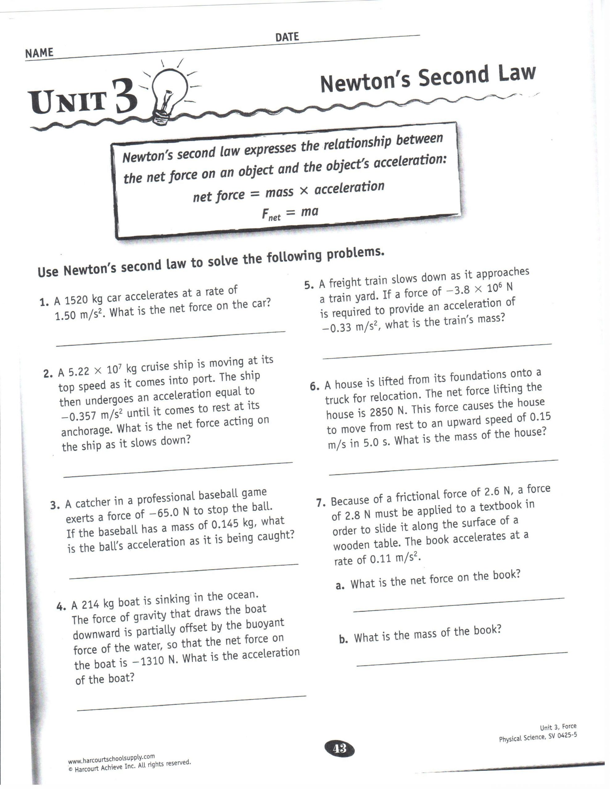 Newton Laws Worksheet Answers Newton S 2nd Law Worksheet and Key