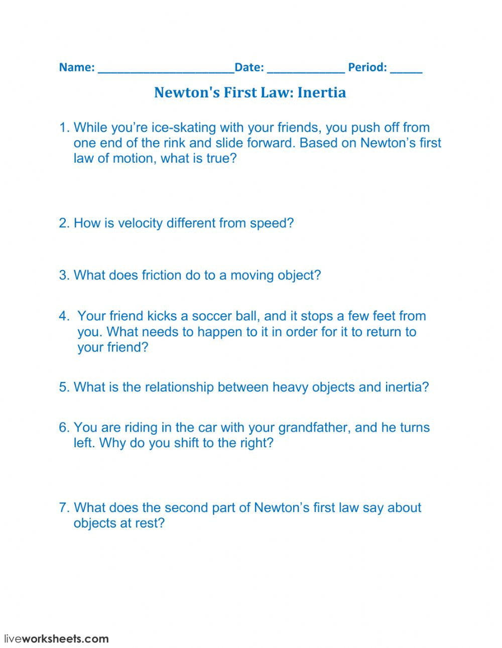 Newton Laws Worksheet Answers Newton S First Law Inertia Interactive Worksheet