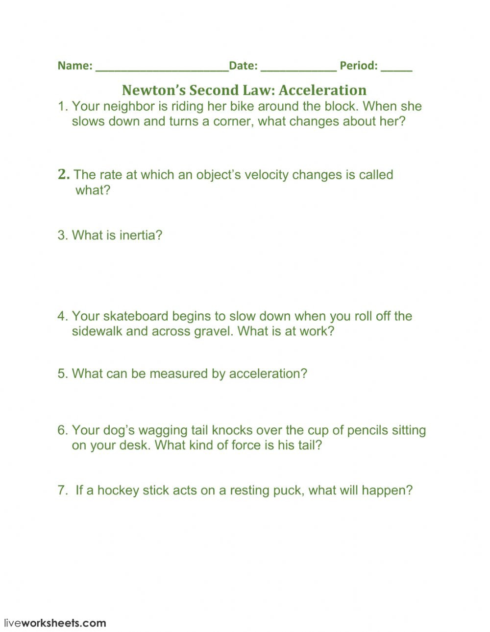 Newton Laws Worksheet Answers Newton S Second Law Acceleration Interactive Worksheet