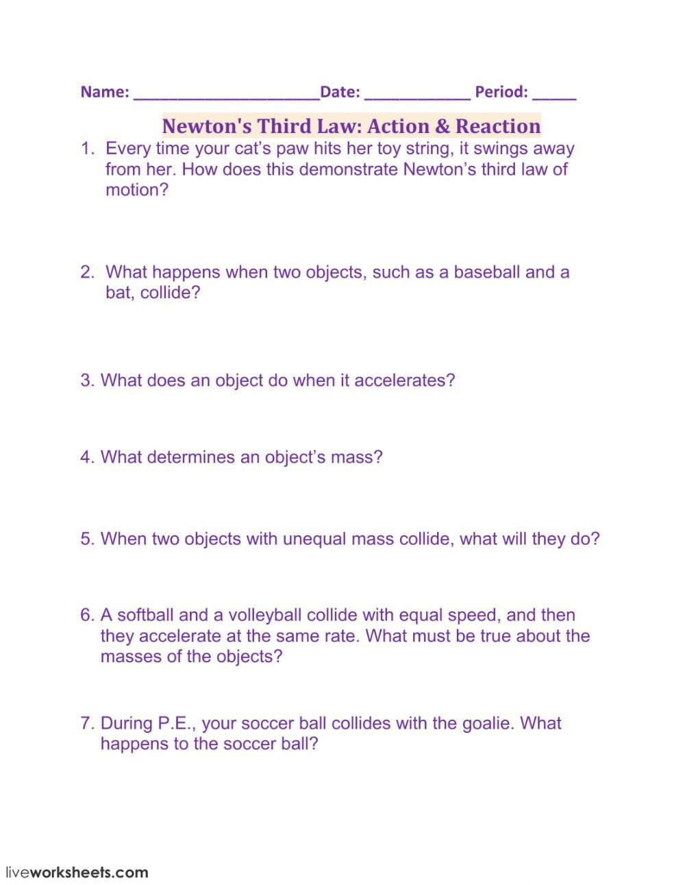 Newton Laws Worksheet Answers Newton S Third Law Action Reaction Interactive Worksheet
