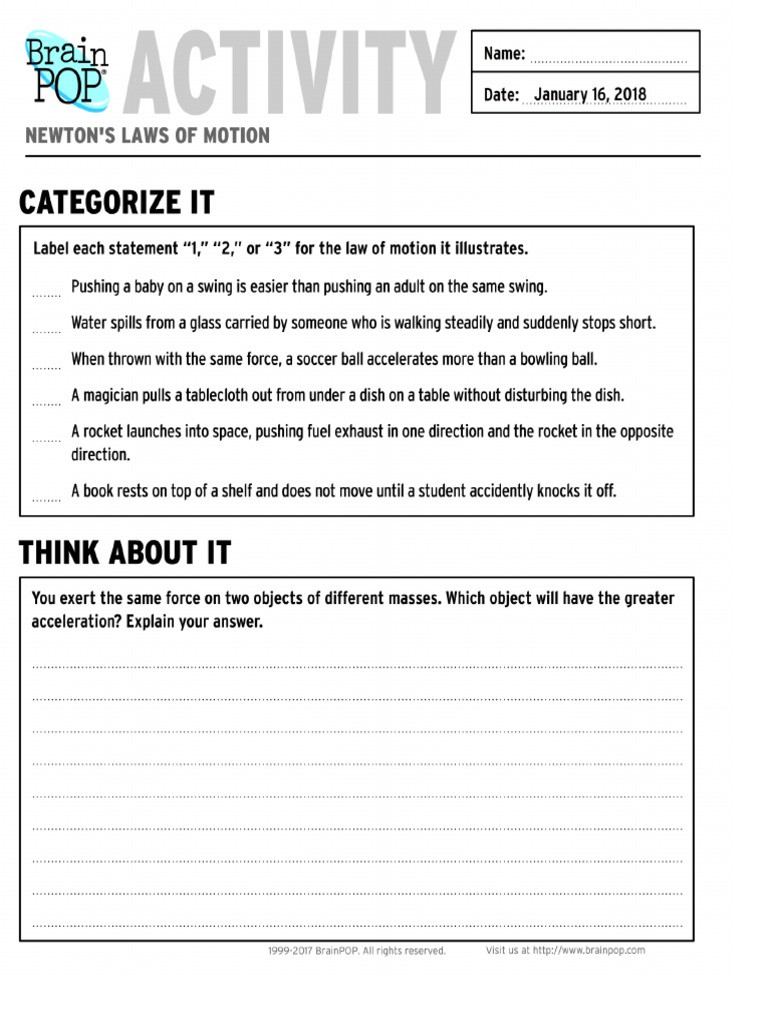 Newton Laws Worksheet Answers Newtons Laws Of Motion Activity Pages Brainpop