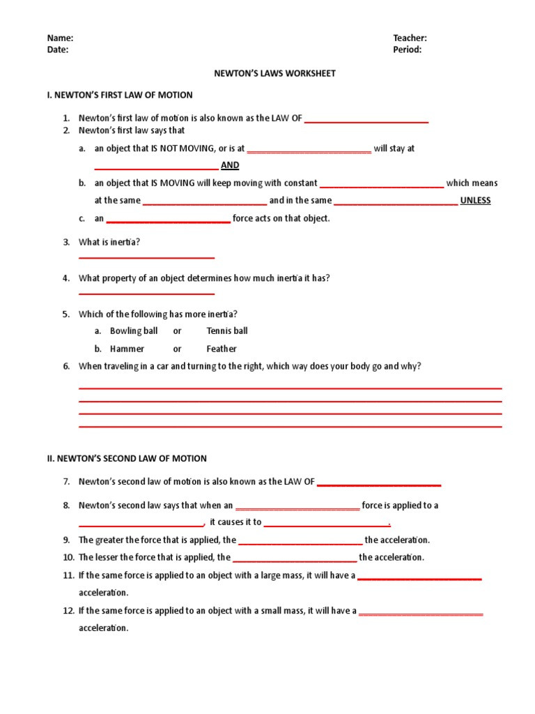 Newton Laws Worksheet Answers Newtons Laws Worksheet force