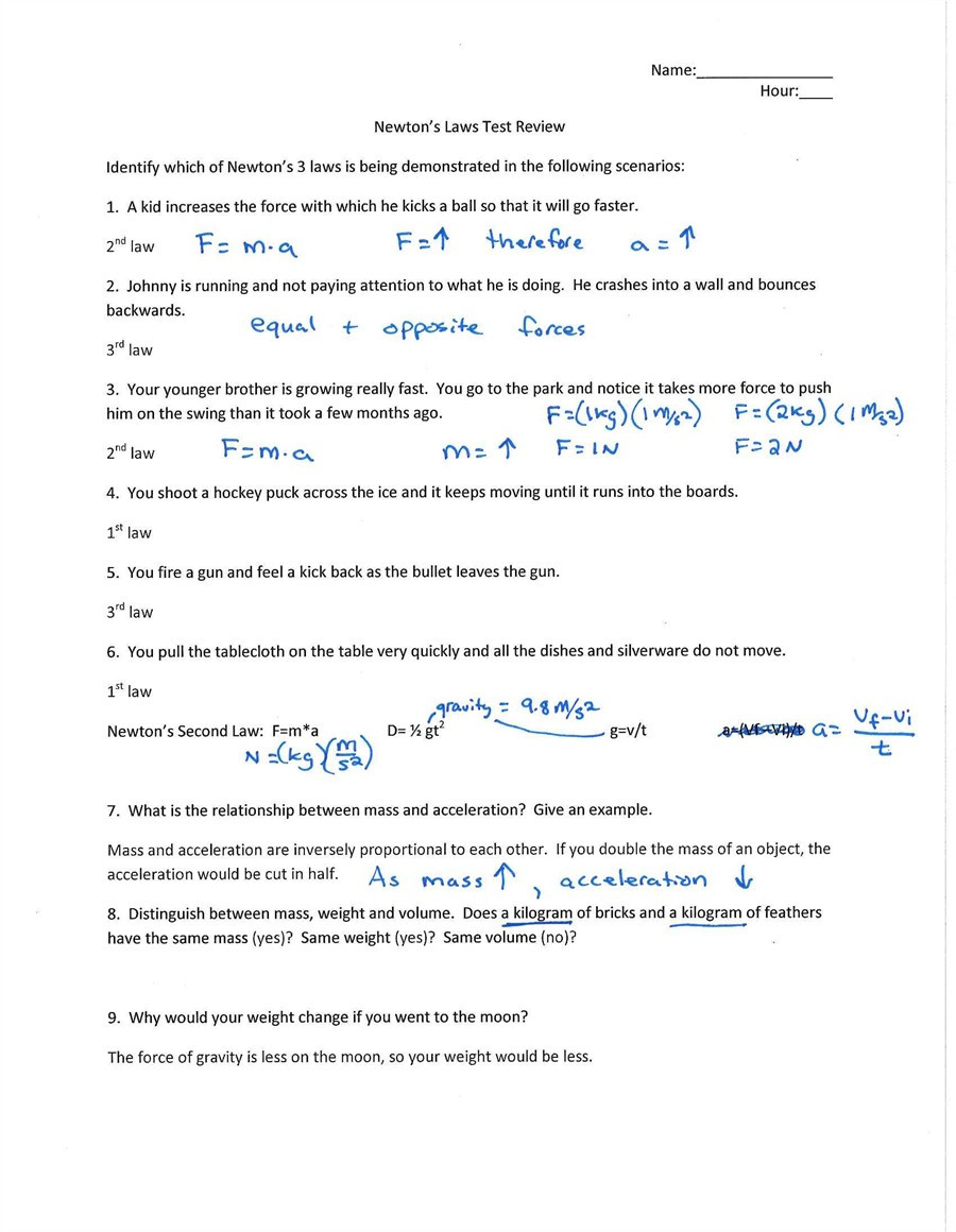 Newton Laws Worksheet Answers Rochester Munity Schools Block Physical Science