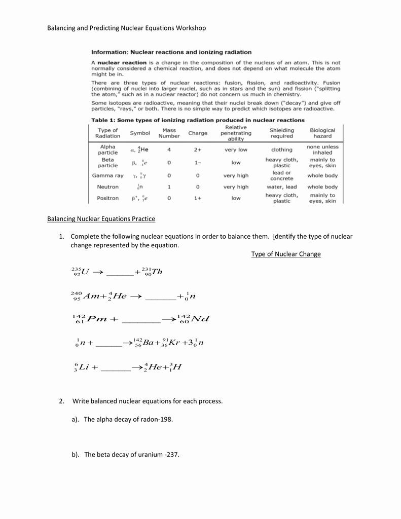 Nuclear Chemistry Worksheet Answers Nuclear Chemistry Worksheet Answer Key Best Chemistry