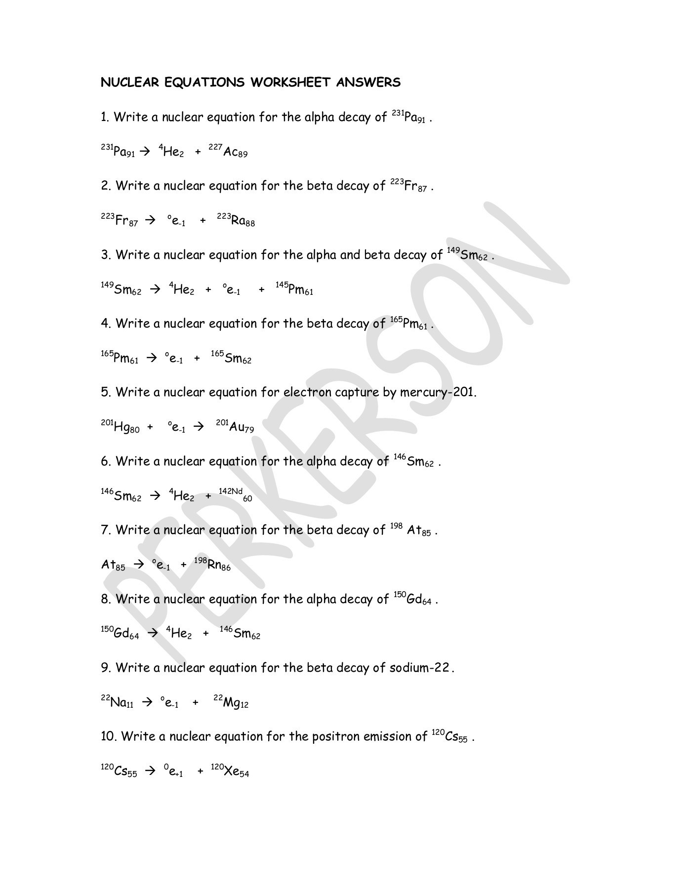 Nuclear Chemistry Worksheet Answers Nuclear Equations Worksheet Answers Typepad Pages 1 3