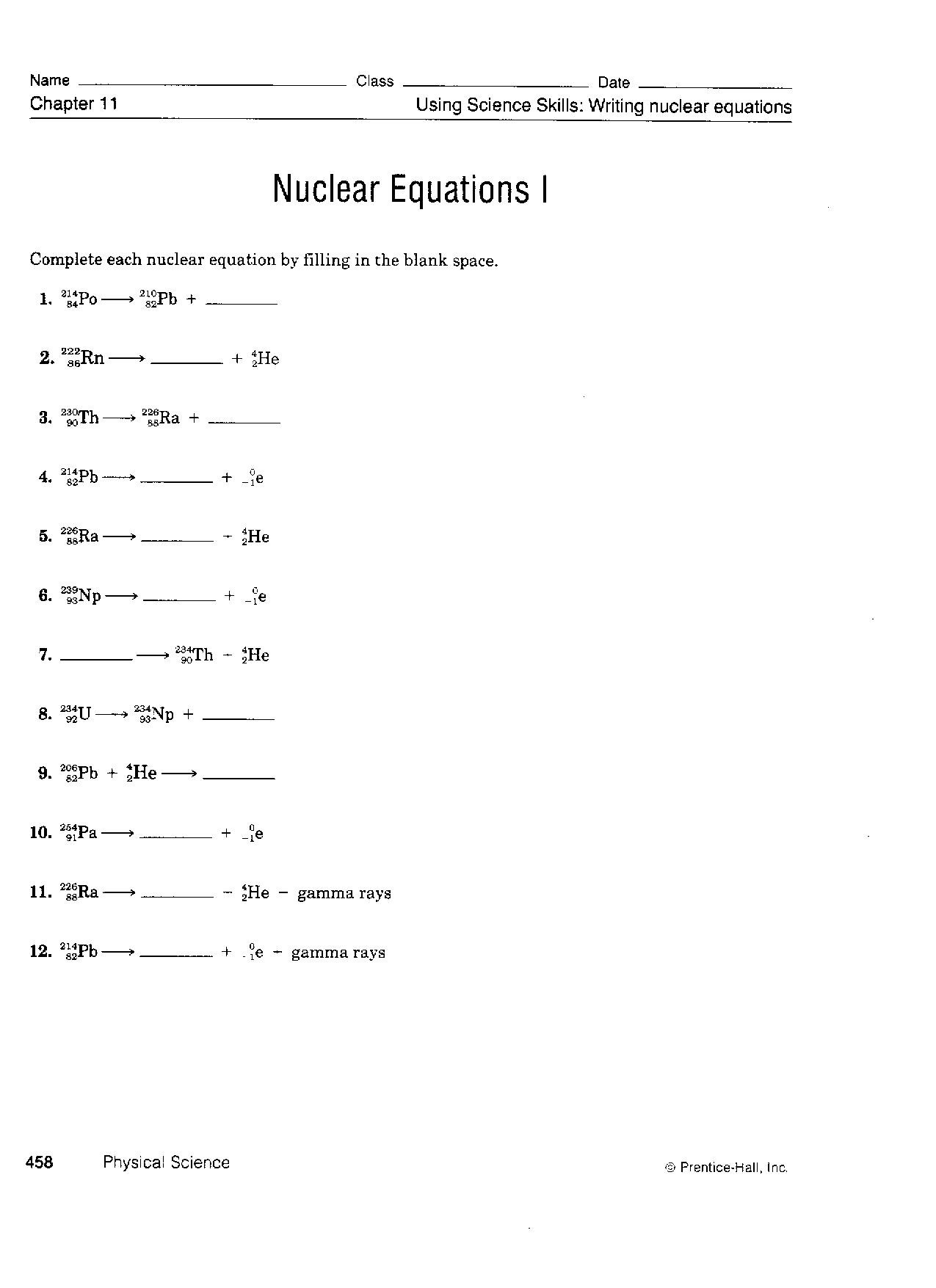 Nuclear Chemistry Worksheet K Nuclear Chemistry Worksheet 1