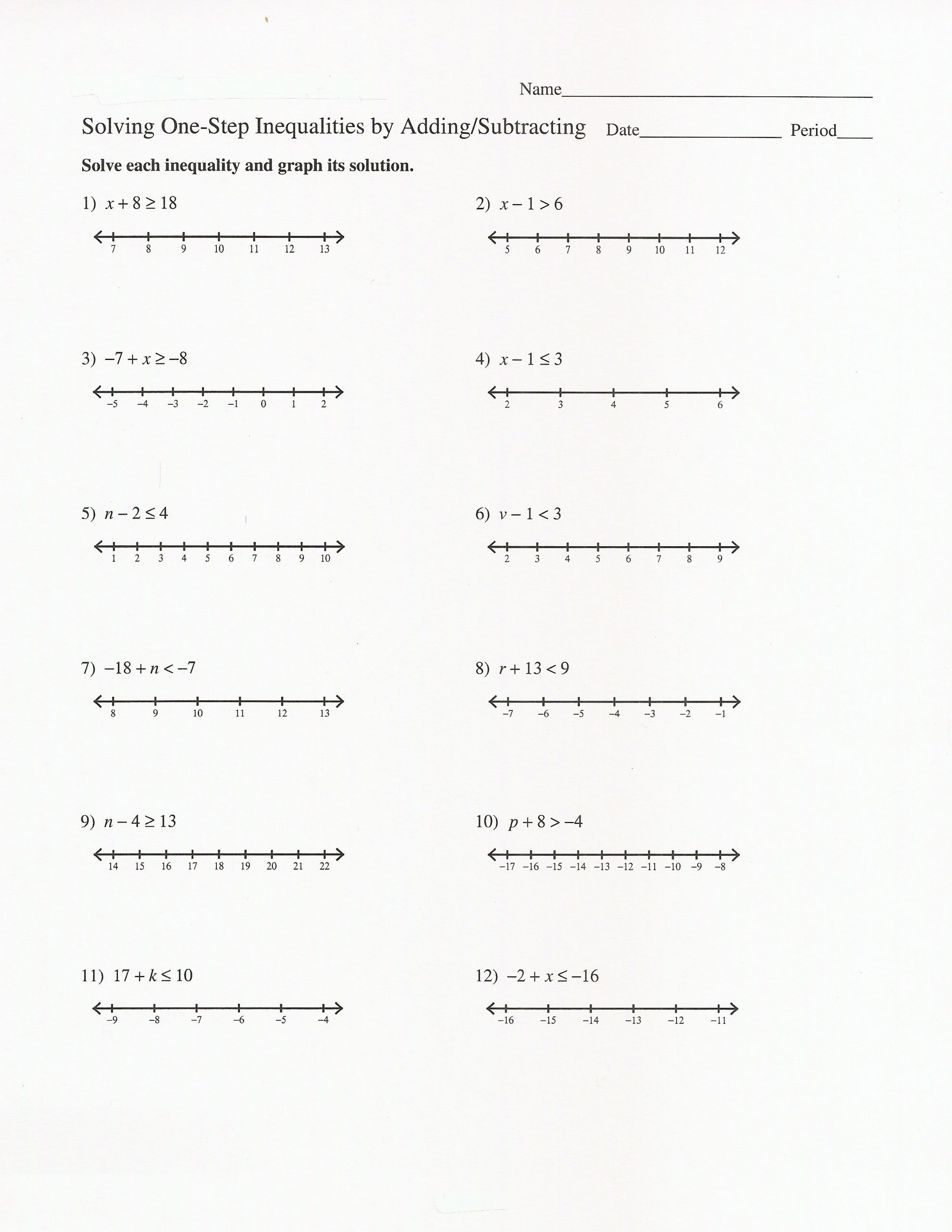 One Step Inequalities Worksheet assignments 8th Grade Honors Third Quarter