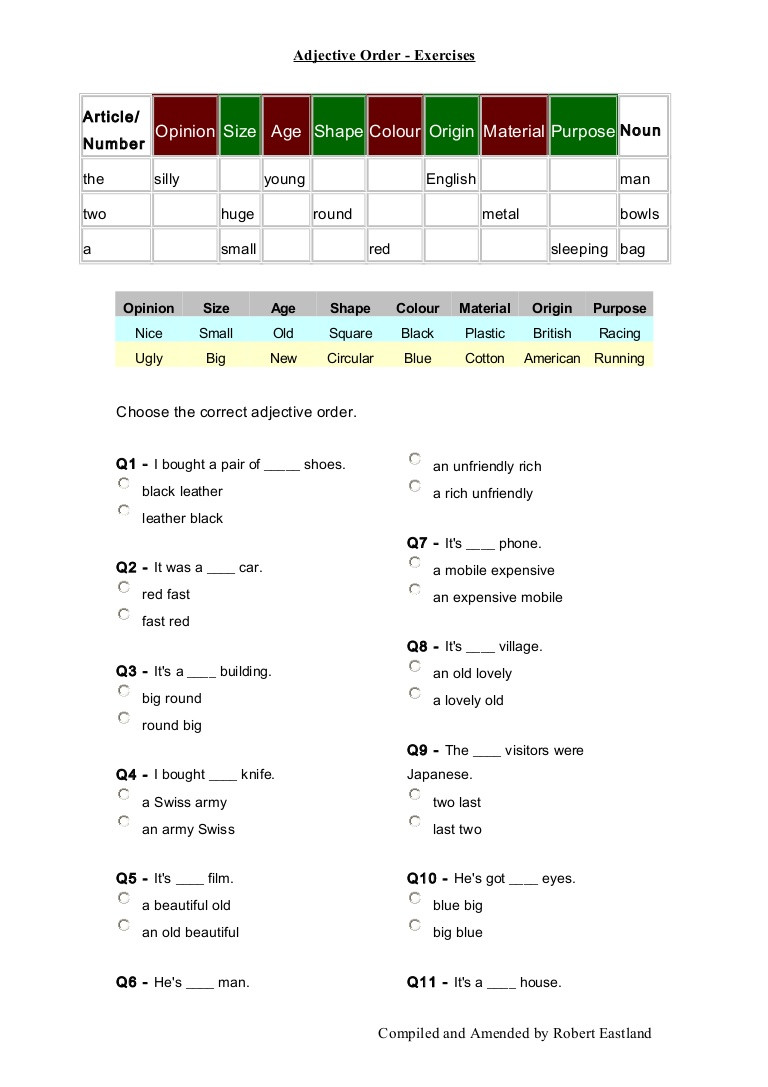 Order Of Adjectives Worksheet Adjective order Exercises