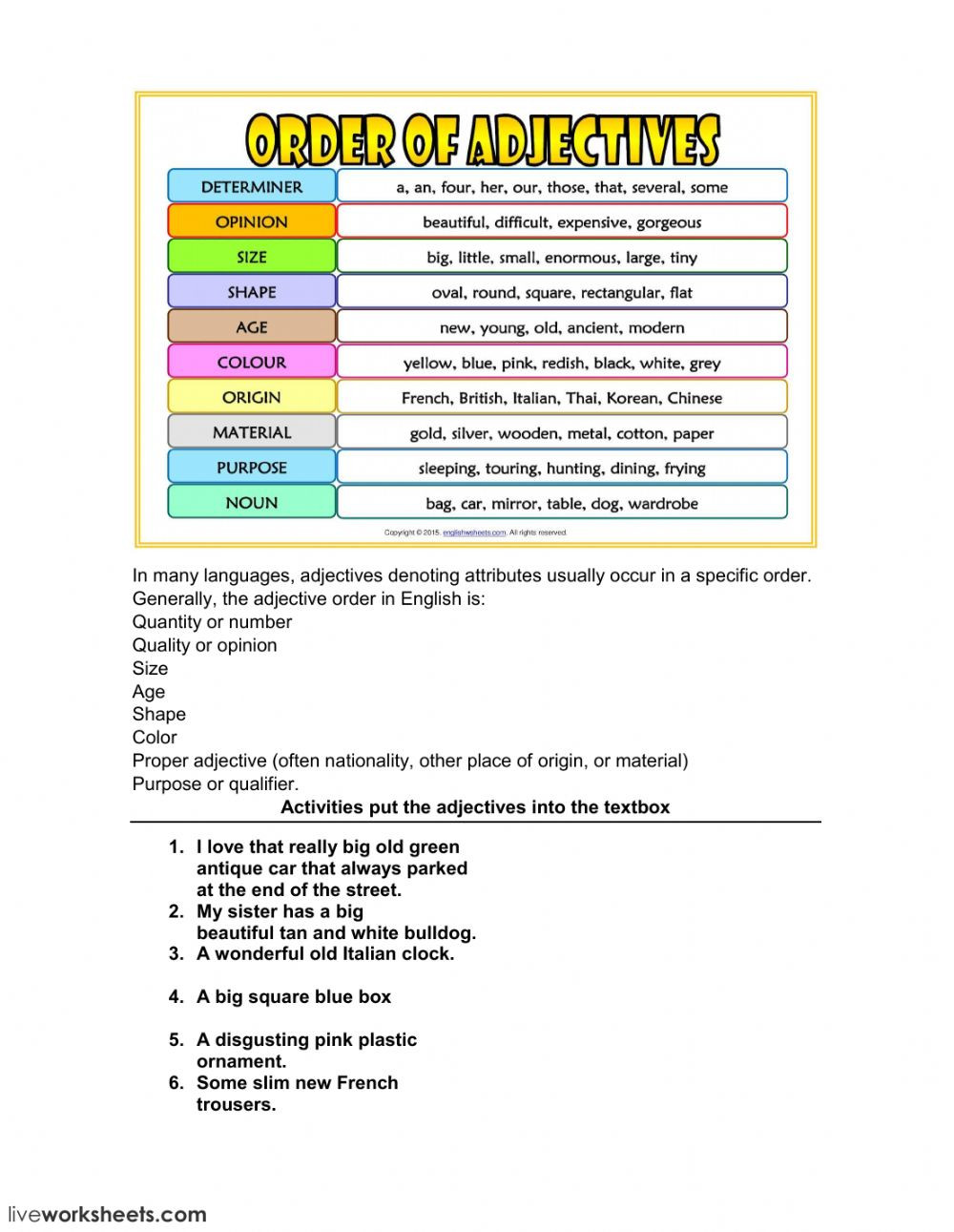 Order Of Adjectives Worksheet Adjective order Interactive Worksheet