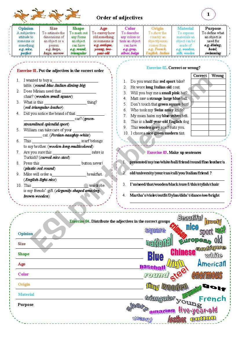 Order Of Adjectives Worksheet order Of Adjectives 01 Esl Worksheet by Renovatio85