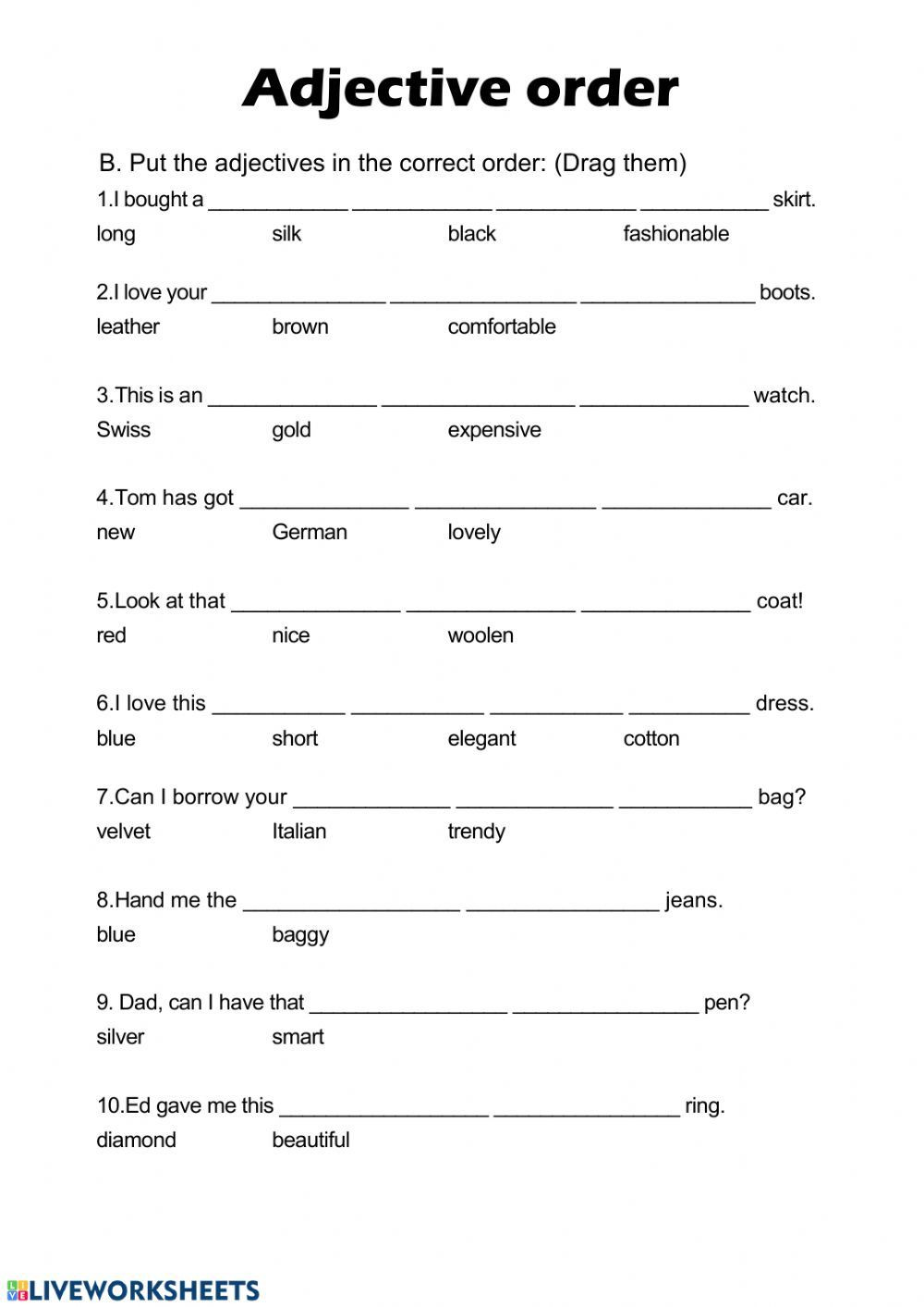 Order Of Adjectives Worksheet order Of Adjectives Interactive and Able Worksheet