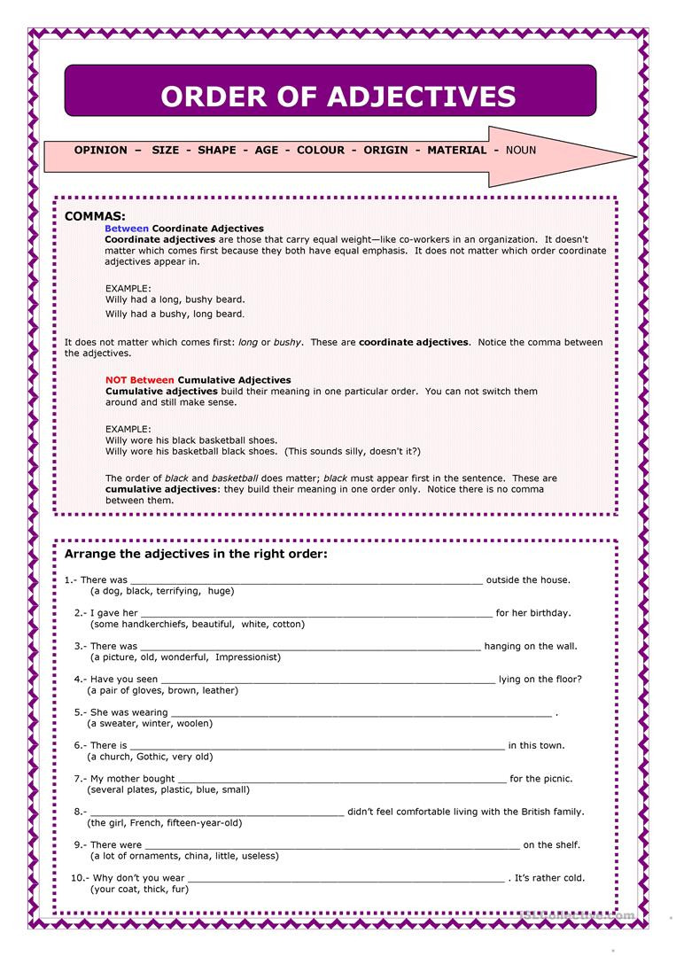 Order Of Adjectives Worksheet Word order Of Adjectives English Esl Worksheets for