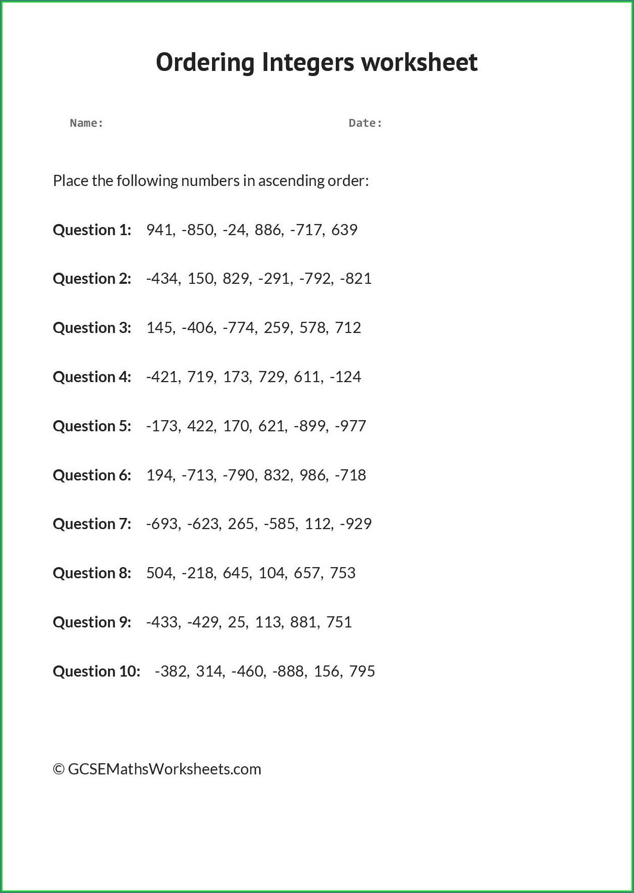 Ordering Real Numbers Worksheet Rational Numbers Worksheets Grade 7