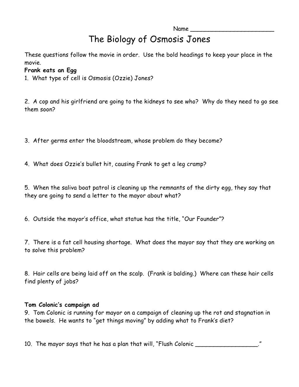 Osmosis Jones Movie Worksheet Name the Biology Of Osmosis Jonesthese Questions Follow the