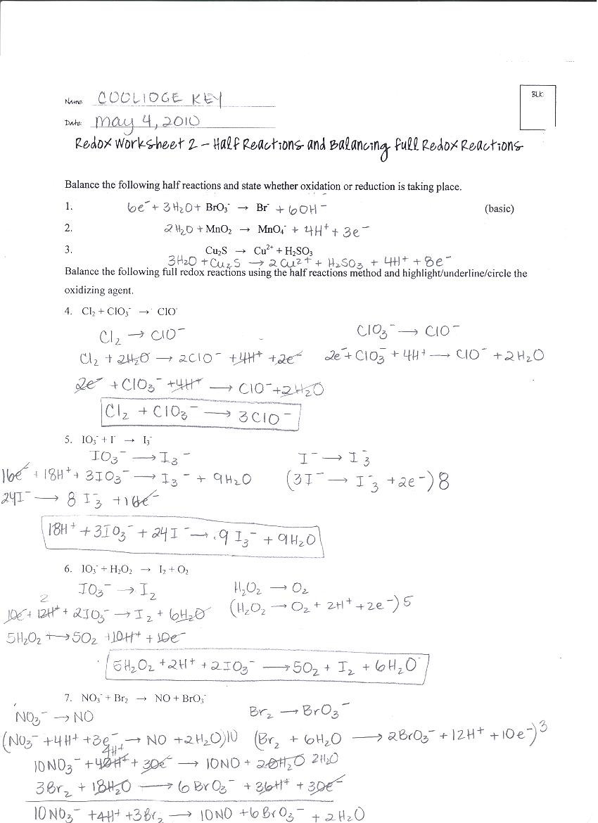 Oxidation Reduction Worksheet Answers Chemistry 12