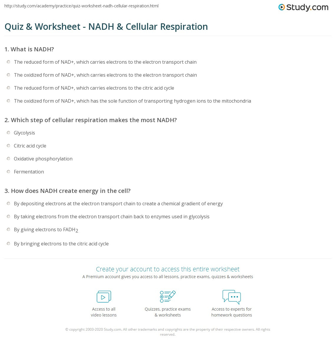 Oxidation Reduction Worksheet Answers Quiz &amp; Worksheet Nadh &amp; Cellular Respiration