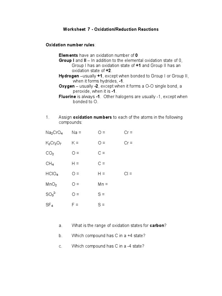 Oxidation Reduction Worksheet Answers Worksheet Oxidation Reduction Redox