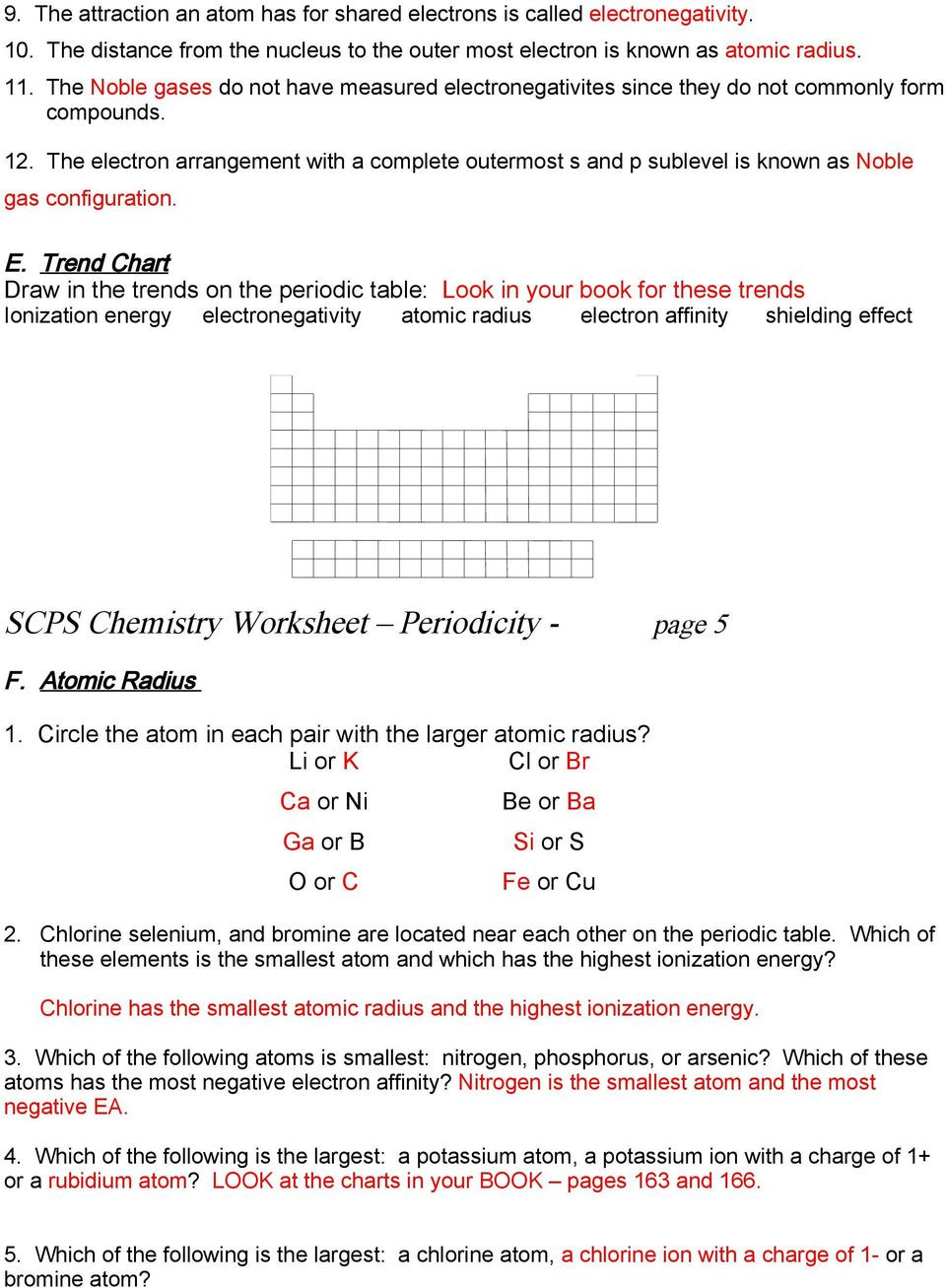 Periodic Trends Worksheet Answers Scps Chemistry Worksheet Periodicity A Periodic Table 1