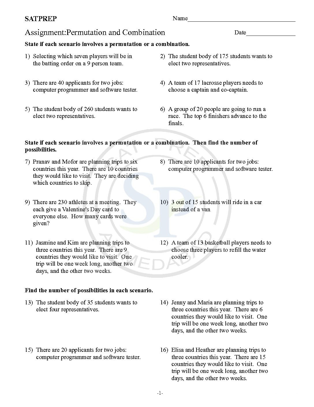 Permutations and Combinations Worksheet Permutation and Bination Archives Sat Prep