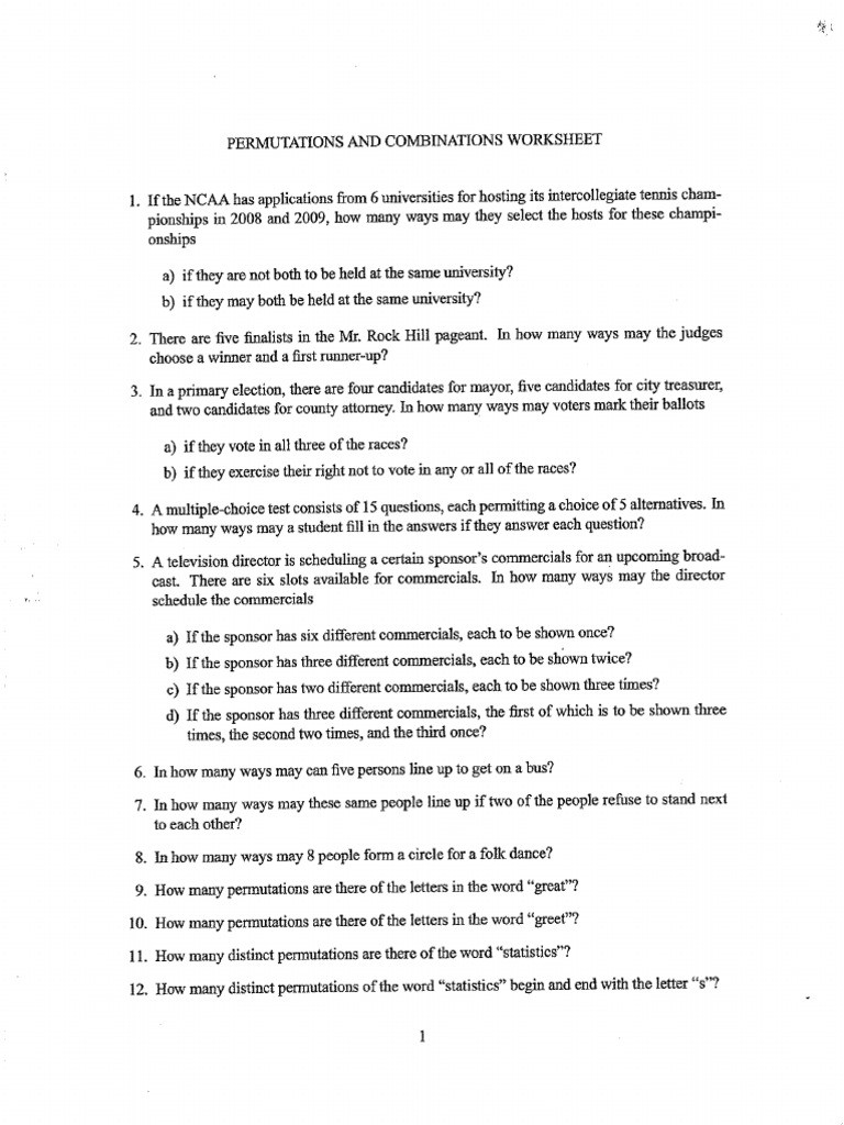Permutations and Combinations Worksheet Permutation and Bination Worksheet with Answers Pdf