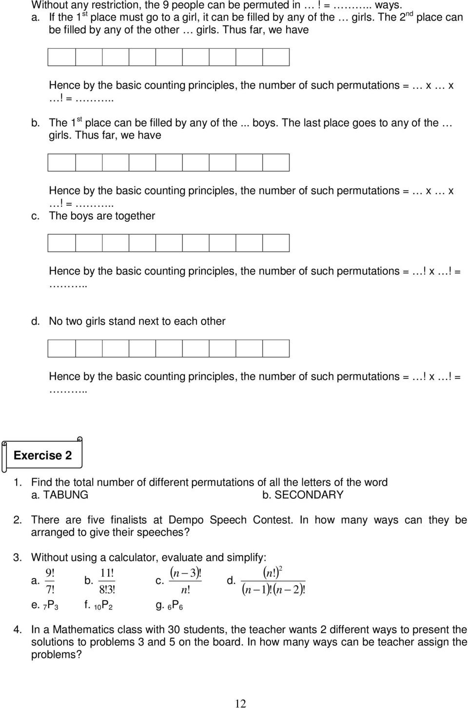 Permutations and Combinations Worksheet Worksheet 2 Nd Standard Petency 1 to Use the